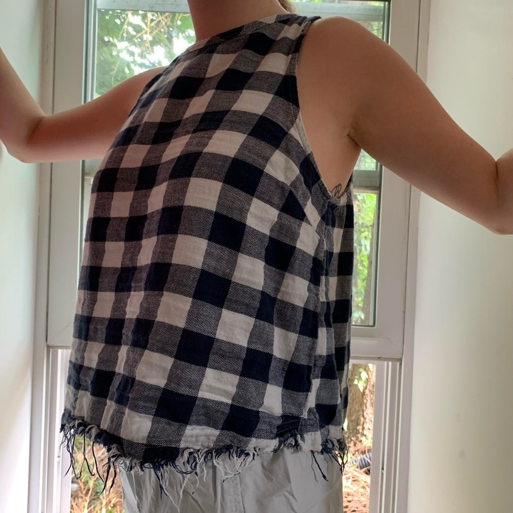 Melrose & Market blue flannel tank w/ back split & frayed edges, size M
